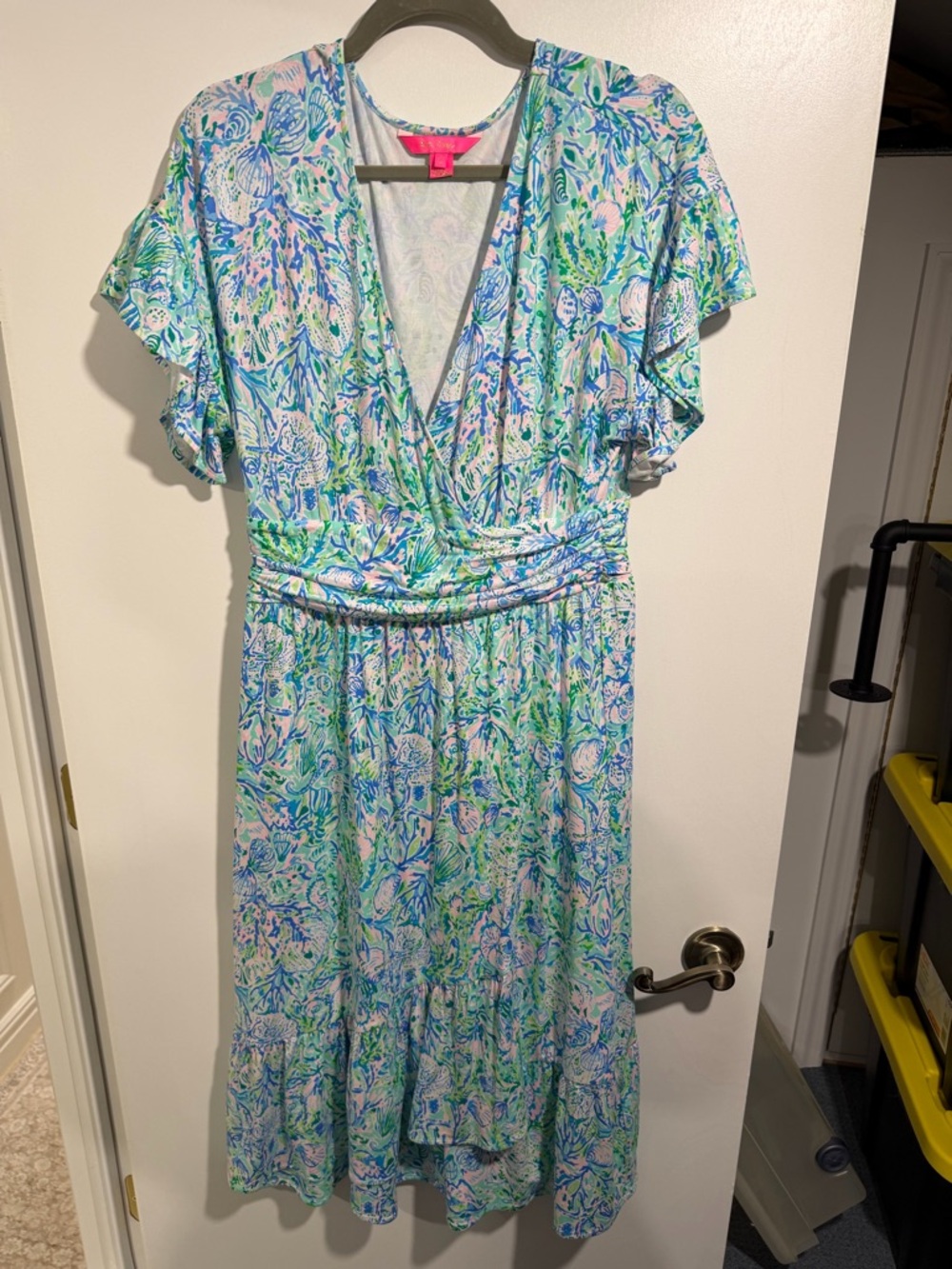 Lilly Pulitzer Blue, Green & Pink Floral Wrap Midi Dress